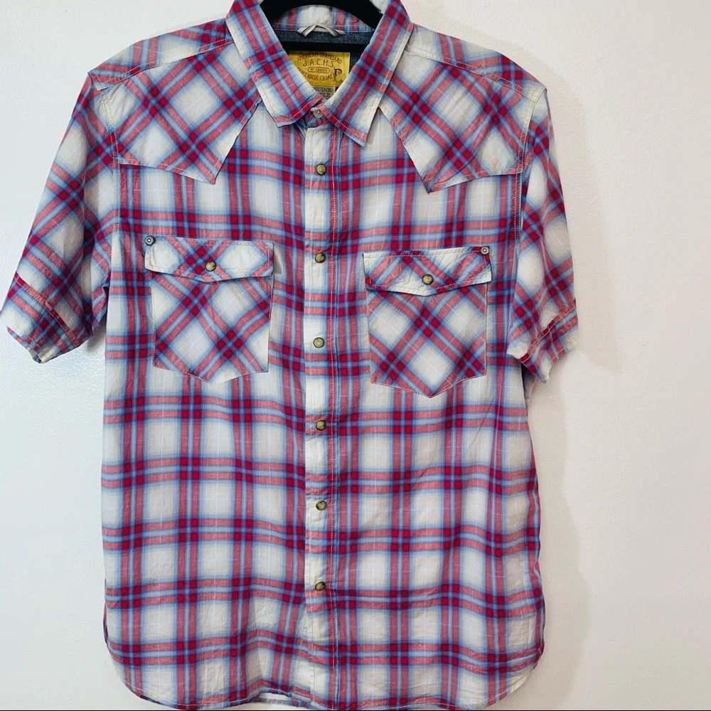 Jachs Pearl Snap Plaid Shirt Men XL Western Short Sleeve Blue White Cotton